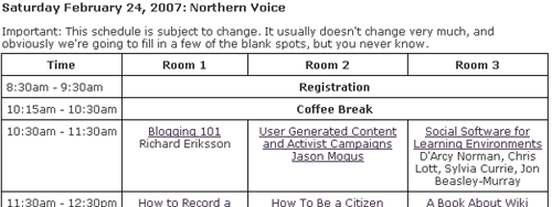Northern Voice Schedule Grid Screen Shot